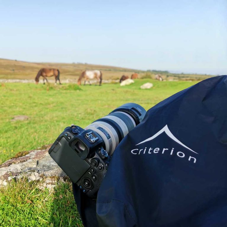 A Criterion 20L Roll Top Dry Bag was used as rucksack bag liner to protect a Canon R6 camera with a 100-400mm lens on a trip to Dartmoor, with it beautiful ponies.