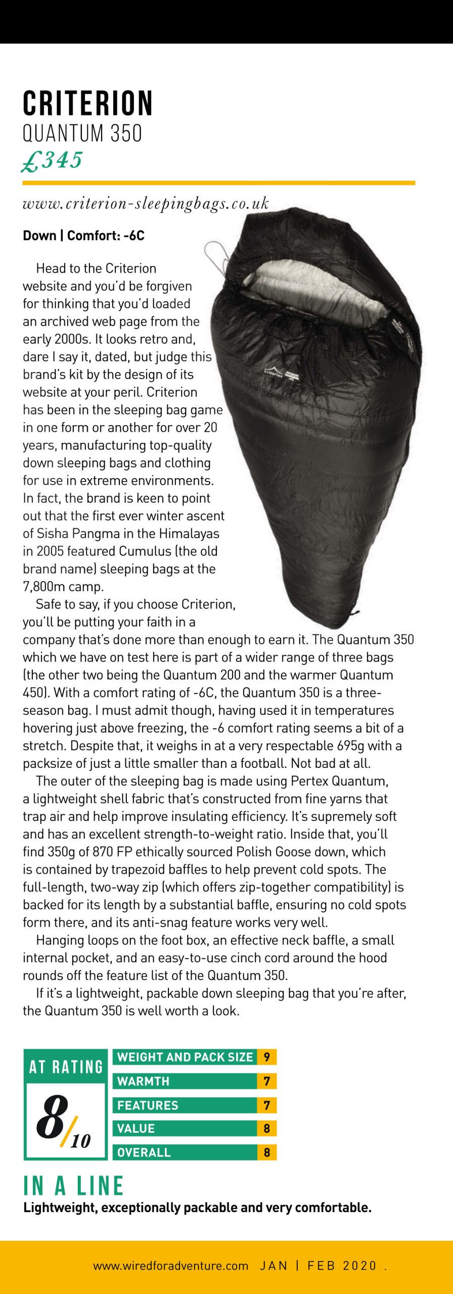 Adventure Travel Magazine sleeping bag review of Criterion Quantum 350