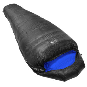 Criterion Quantum 450 down sleeping bag with a black outer and blue inner